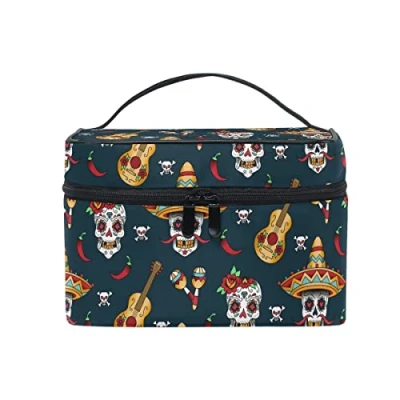 Image of Makeup Bag, Sugar Skull Mexico Funny Print Cosmetic Toiletry Storage Large Travel Handle Personalised Pouch with Compartments for Teenage Girl Women Lady