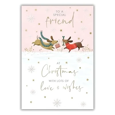 Image of Noel Tatt Artistic Christmas Greeting Card Special Friend Dachshunds Exchanging Gifts Gorgeous Illustration