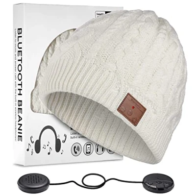 Image of ZRUHIG Bluetooth Beanie Hat, Winter Music Hat Knit Running Cap Men with Stereo Speakers Wireless Hats Unique Gift for Women/Men(White)