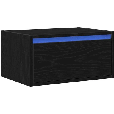Image of vidaXL Wall Mounted Bedside Cabinet with LED Lights Black Oak Nightstand Floating Bedroom Ample Storage Space Engineered Wood Modern Design 51x35.5x25 cm