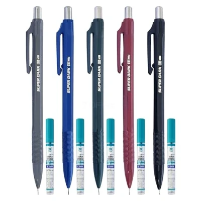 Image of ZOFAX S Dark 2B Mechanical Pencils, 0.5mm Lead Size, Pack of 5, Rubber Tipped, Grade 50 Refills, Write Draw Sketch, Ideal For School Office Home Use, iZOFAX Black Ball Pen