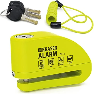 Image of KRASER KR6Y Motorcycle Disc Lock Alarm 110dB, Reinforced Waterproof, +Dissuasive, 5ft Reminder Cable, Carry Pouch, 6mm Universal Anti Theft Wheel Brake for Scooter, Bicycle, Electric Bike