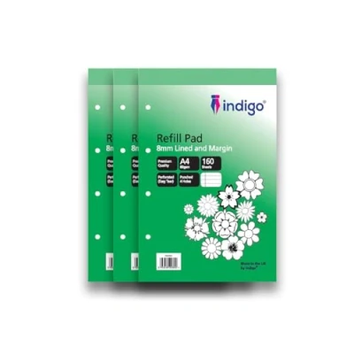 Image of indigo® A4 Refill Pad 160 Pages Headbound Perforated Punched Hole (Feint 8mm Lined and Margin, Pack 3)