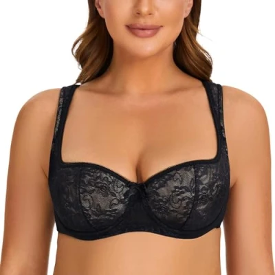 Image of MELENECA Women&#039;s Balconette Bra with Padded Strap Half Cup Underwire Sexy Lace Black 44DD