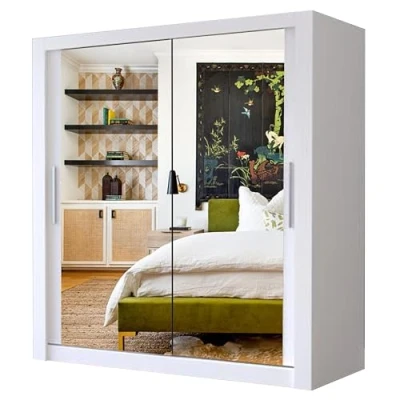 Image of A.C. Milan Modern Double Mirror sliding door wardrobe with LED Light Width 100cm/120cm/150cm/180cm/203cm/250cm (180, White)