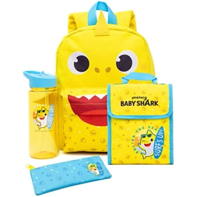 Image of Baby Shark Backpack and Lunch Box Set for Toddlers Boys Girls 4 Piece Song Rucksack, Box, Pencil Case, Water Bottle Yellow Blue 3D Fins