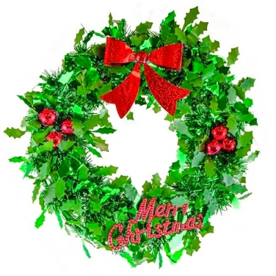 Image of Green Holly Wreath Christmas 21CM Baubles and Bow Tinsel for Front Door, Thick Door Hanging Decoration Indoor Stairs, Fireplaces