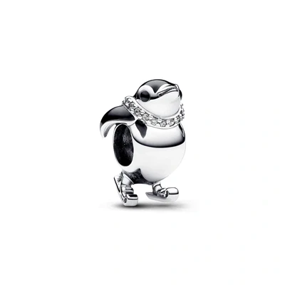 Image of Pandora Moments Ice skating penguin sterling silver charm with clear cubic zirconia and black enamel