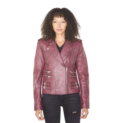 Image of Ladies Retro Burgundy 100% Nappa Leather Biker Jacket 5XL
