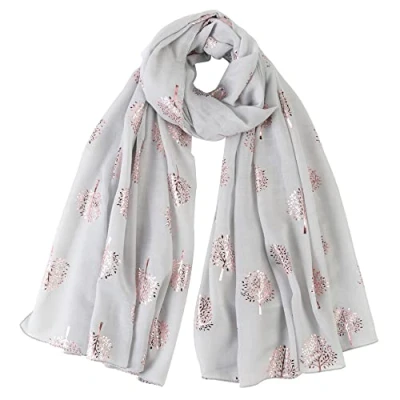 Image of London Scarfs Glitter Mulberry Trees Scarf Women Foil Printed Tree Fashion Ladies Wrap (Light Silver With Pink Foil)