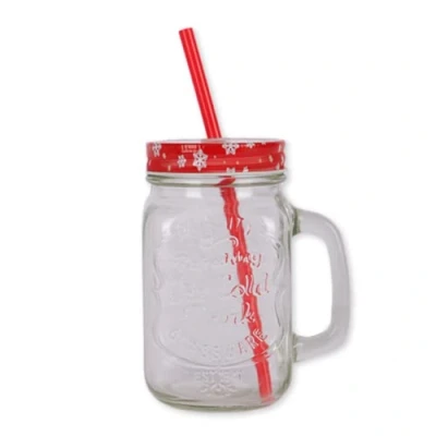 Image of FabFinds Mason Jars with Lids and Straws Christmas Character Handles (Red Santa)