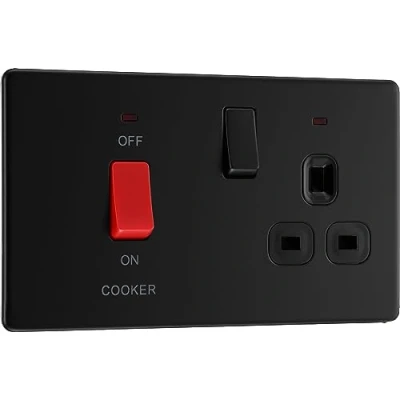 Image of BG Electrical Cooker Control Socket, Double Pole Switch with LED Power Indicators, 13A, Matt Black