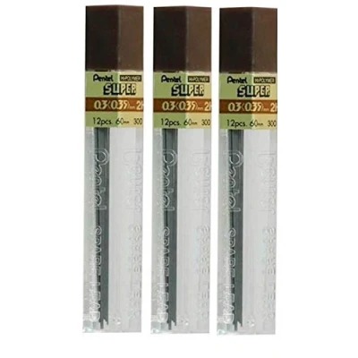 Image of Pentel 0.3mm Size 2H Shade Hardness Pencil Refill Replacement Spare Leads Hi Pollymer Super For Automatic &amp; Mechanical Pencils (Pack Of 3 Tubes 36 Pieces)
