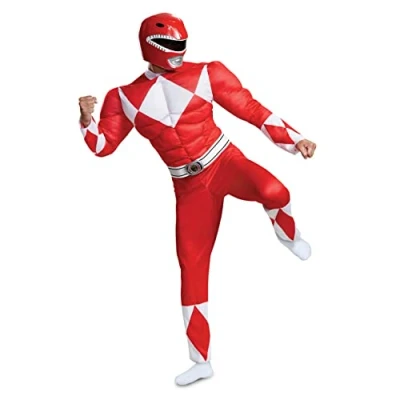 Image of DISGUISE 79729D Official Deluxe Power Rangers Classic Muscle Adult Costume Superhero Size XL, Red, X Large