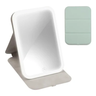 Image of Travel Makeup Mirror Portable LED Light up 360 Lighted Vanity Touch Screen Make with 3 Color Dimmable Lighting Rechargeable Tabletop Folding Cosmetic (Green)
