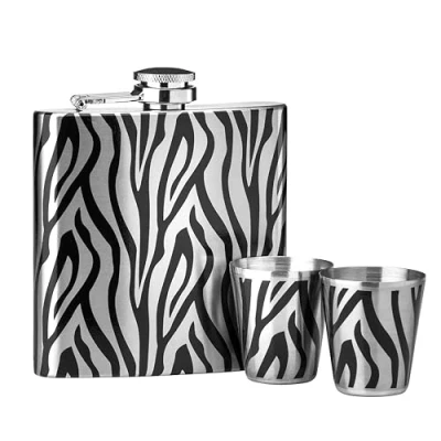 Image of Premier Housewares Stainless Steel Zebra Design Hip Flask Set, 6 oz