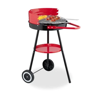 Image of Relaxdays Charcoal Barbecue with Wheels, ø 42 cm, Tripod Stand, Round Grill, for Picnics &amp; Garden, Wind Block, Black/Red