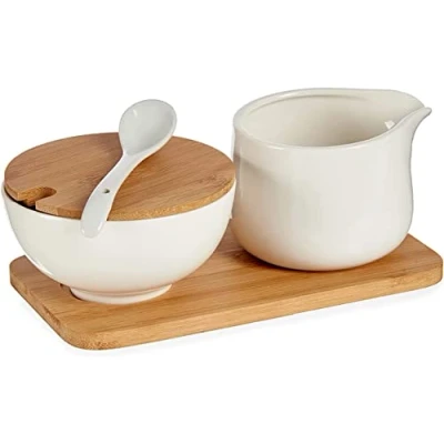 Image of Ceramic Cream Milk Jug Creamer &amp; Sugar Bowl Serving Set with Spoon Wooden Tray