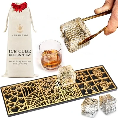 Image of Ice Designer Tray Craft Modern Molds for Whiskey, Bourbon, &amp; Cocktails in 5 Seconds Whiskey Mold Cube Stamp Bartender Accessories Clear by Ash Harbor (Holidays)
