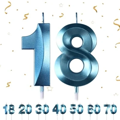 Image of 18th Birthday Candles Numbers 18 Blue for Cake, 3D Diamond Shape Cake Decorations Party Wedding Anniversary Celebration Supplies