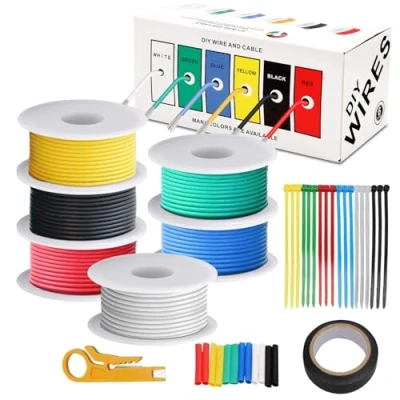 Image of Coomoors 0.32 mm² 22 Gauge Connecting Wires Electronic Kit Silicone Electric Cable 6 Colours (Black, Red, Yellow, Green, Blue and White), Each 7 Metres, AWG Tinned Copper Wire with Rubber
