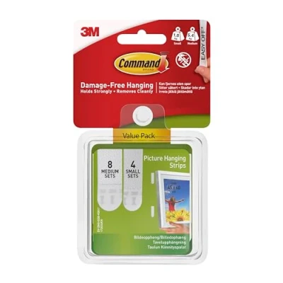 Image of Command Picture Hanging Strips, Value Pack, White 4 Pairs of Small (8 Strips), 8 Medium (16 Strips) for Pictures, Frames, Mirrors, Wall decor Damage Free