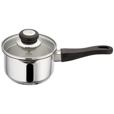 Image of Judge Vista Draining Medium Stainless Steel Saucepan with Pouring Lip 14cm 1L, Shatterproof Glass Strain &amp; Pour Lid, Induction Ready, Oven Safe
