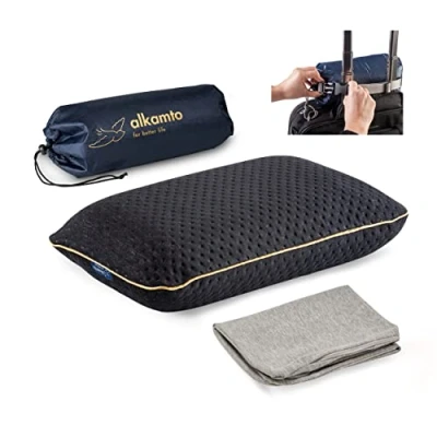 Image of alkamto Travel Pillow Ergonomic Neck Support Memory Foam with Temperature Regulating Pillowcase Includes Extra Cotton Cover and Carry Bag (15,7 x 10,6 3,9 In Black + Cover)