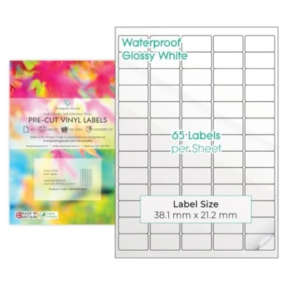 Image of 10 Sheets A4 Glossy Vinyl (PVC) White Precut Waterproof Multipurpose Label Self Adhesive Multi Sticker Labels Inkjet Printable (5 x 13 (65 per Sheet))
