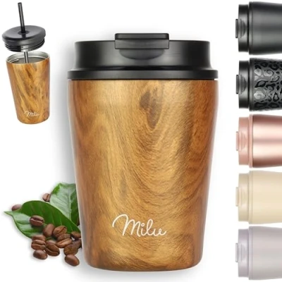Image of Milu Travel Mug 300ml, 400ml, 500ml 100% Leakproof Stainless Steel Coffee Thermal to go Insulated with Straw Keeps hot for 10h / Cold 20h, BPA Free (Wood, 300ml)