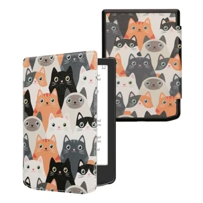 Image of kwmobile Case Compatible with Pocketbook Verse/Verse Pro/Verse Color/Vivlio Light/Light HD eReader Cover Cats Orange/Black/White