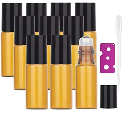 Image of Yalbdopo 10Pcs Essential Oils Roller Bottles, 5ml Refillable Amber Sample Glass Roll on Bottles with Stainless Steel Balls &amp; 1 Dropper Bottle Opener, Great for Aromatherapy, Fragrance