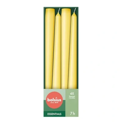 Image of Bolsius Tapered Candles Yellow 4 Pack 24.5 cm Decorative Household Burning Time of 7 Hours Unscented Includes Natural Vegan Wax Without Palm Oil
