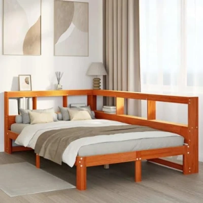 Image of vidaXL Bookcase Bed Wax Brown Pine Wood Small Double 219.5x126x82 cm with Slatted Base &amp; Ample Storage Headboard