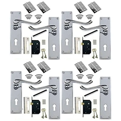 Image of Discount Hardware UK Door Handles Internal Sets 4 of Victorian Scroll Polished Chrome Handle with Lock Pack +2 Lever + Hinges (KA) Set (4)