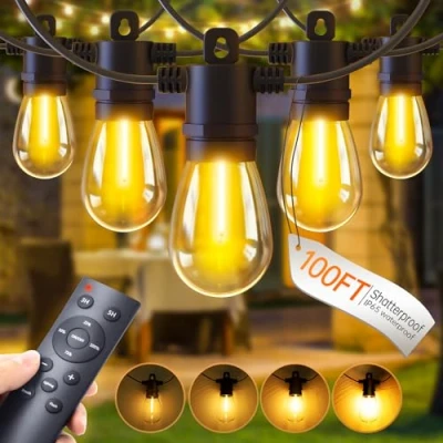 Image of PBGMRT Outdoor Festoon Lights Mains Powered 100ft/30m Outside String 30+2 S14 LED Dimmable Bulbs with Remote, IP65 Waterproof for Patio Gazebo Pergola Garden Backyard