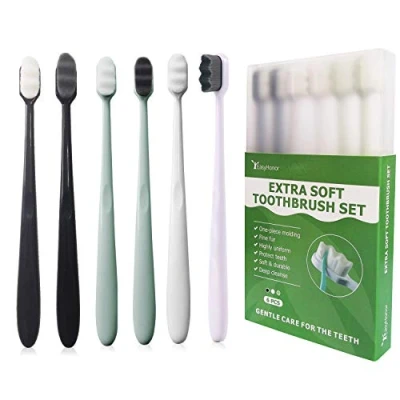 Image of EasyHonor Extra Soft Toothbrush for Sensitive Gums, Micro Nano Manual with 20000 Floss BristleS 6 Packs(Gray + White bristles)