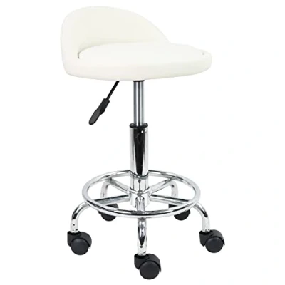 Image of KKTONER PU Leather Round Rolling Stool with Foot Rest Height Adjustable Swivel Drafting Work SPA Task Chair Wheels (White)
