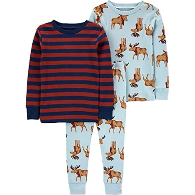 Image of Simple Joys by Carter&#039;s Boys&#039; Baby, Toddler, and Little 3 Piece Snug Fit Cotton Pajama Set, Moose/Stripes, 6 9 Months