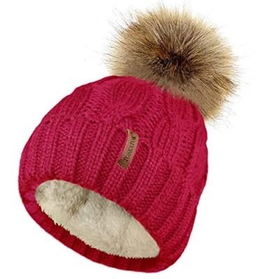 Image of TOSKATOK Ladies Chunky Soft Cable Knit Hat with Cosy Fleece Liner and Detachable Faux Fur Pompom RED