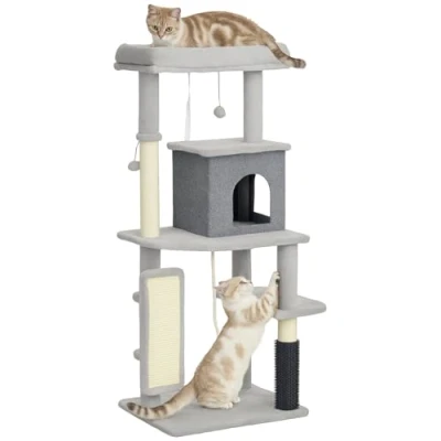 Image of PawHut Cat Tree for Indoor Cats, 132cm Tower with Scratching Posts and Pad, Bed, House, Jumping Platform, Grooming Brush, Toy Balls, Anti Tip Kit, Climbing Frame, Light Grey