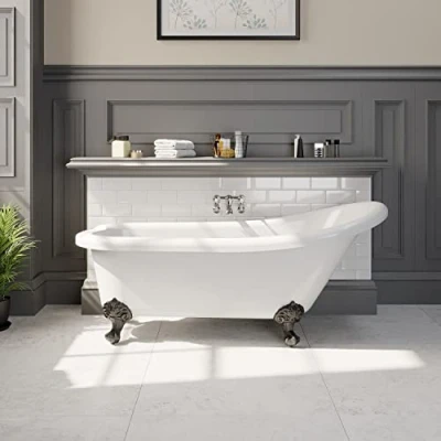 Image of Traditional Freestanding Bathtub White Acrylic Bath Roll Top Slipper Leg Set Included Black Legs 1550 x 750mm