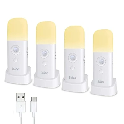 Image of Butilove Motion Sensor Night Light, Pack of 4, Rechargeable Portable with USB Cable, Wireless Wall Light Automatic On/Off for Cabinet, Wardrobe, Kitchen, Stairs, Bedroom (NL003)