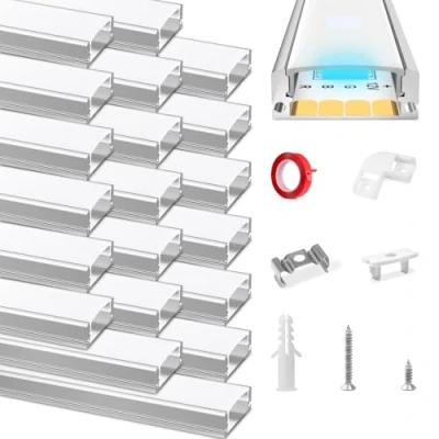Image of HOMMAND LED Channel, 20 x 1m/3.3ft Profile U Shape, Aluminium and Diffuser Strip with Adhesive Tape, Corner Connectors, End Caps Mounting Clips, Light Cover 20m