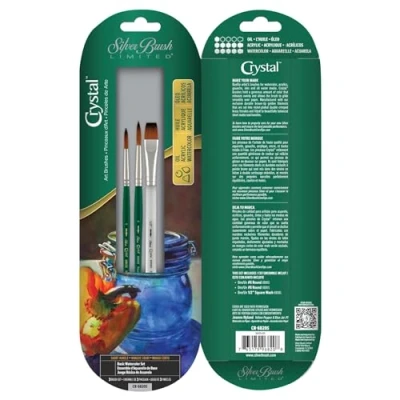 Image of Silver Brush Limited CR 6820s Crystal Basic Watercolour Set, Set of 3 Brushes, Round Size 6, 8, and Square Wash 1/2 Inch, Short Handle