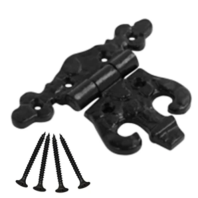 Image of Black Fancy Door Hinges Antique cast Iron Unequal Cabinet Hinge 89mm Wardrobe Cupboard Rustic Ornate Design Witch Screws Pack of 2.