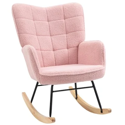 Image of HOMCOM Wingback Rocking Chair for Nursing, Berber Fleece Nursery Glider Rocker, Modern Armchair Living Room, Pink