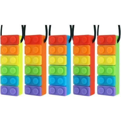 Image of Novelfun Sensory Chew Necklace, 5 Pack Rainbow Color Silicone Pendant Training and Development Chewing Necklace for Teething Babies, Autism ADHD SPD, Oral Motor, Anxiety, Autistic Children
