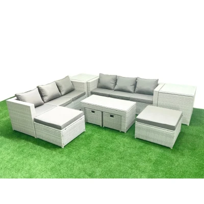 Image of Outdoor Rattan Garden Furniture Set with Grey Cushions Luxury 10 Seater Coffee Table and 2 Side Tables For Conservatory,Patio Fimous