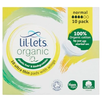 Image of Lil Lets Organic Cotton Normal Pads, 10 Count, Ultra Thin, with Wings, for Light to Medium Flow, GOTS Certified, Plastic Free, Biodegradable, 100% Top Cover and Absorbent Core